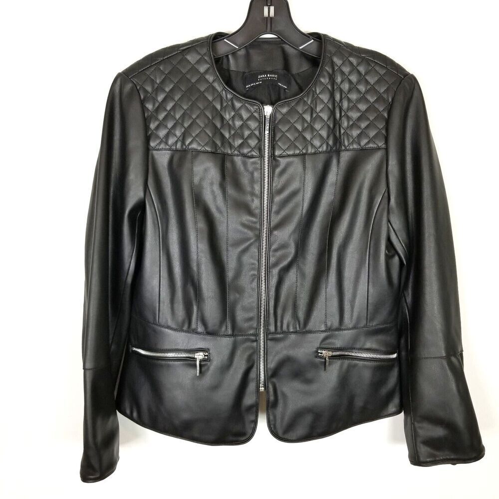 Zara Women Faux Leather Jacket‎ Zip Up Jacket Sz XL Black Party Casual